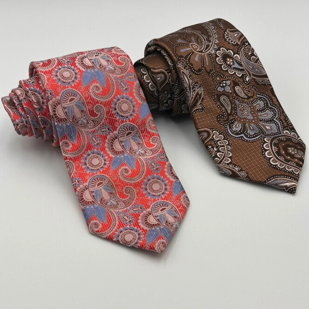 2pc BARCELONA CRAVATTE Mens Paisley Necktie Set Red Brown‎